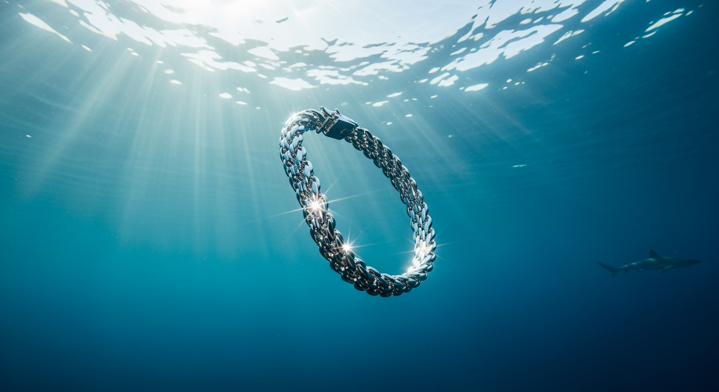 A shiny silver bracelet sinking through sunlit blue ocean water, with a distant shark silhouette