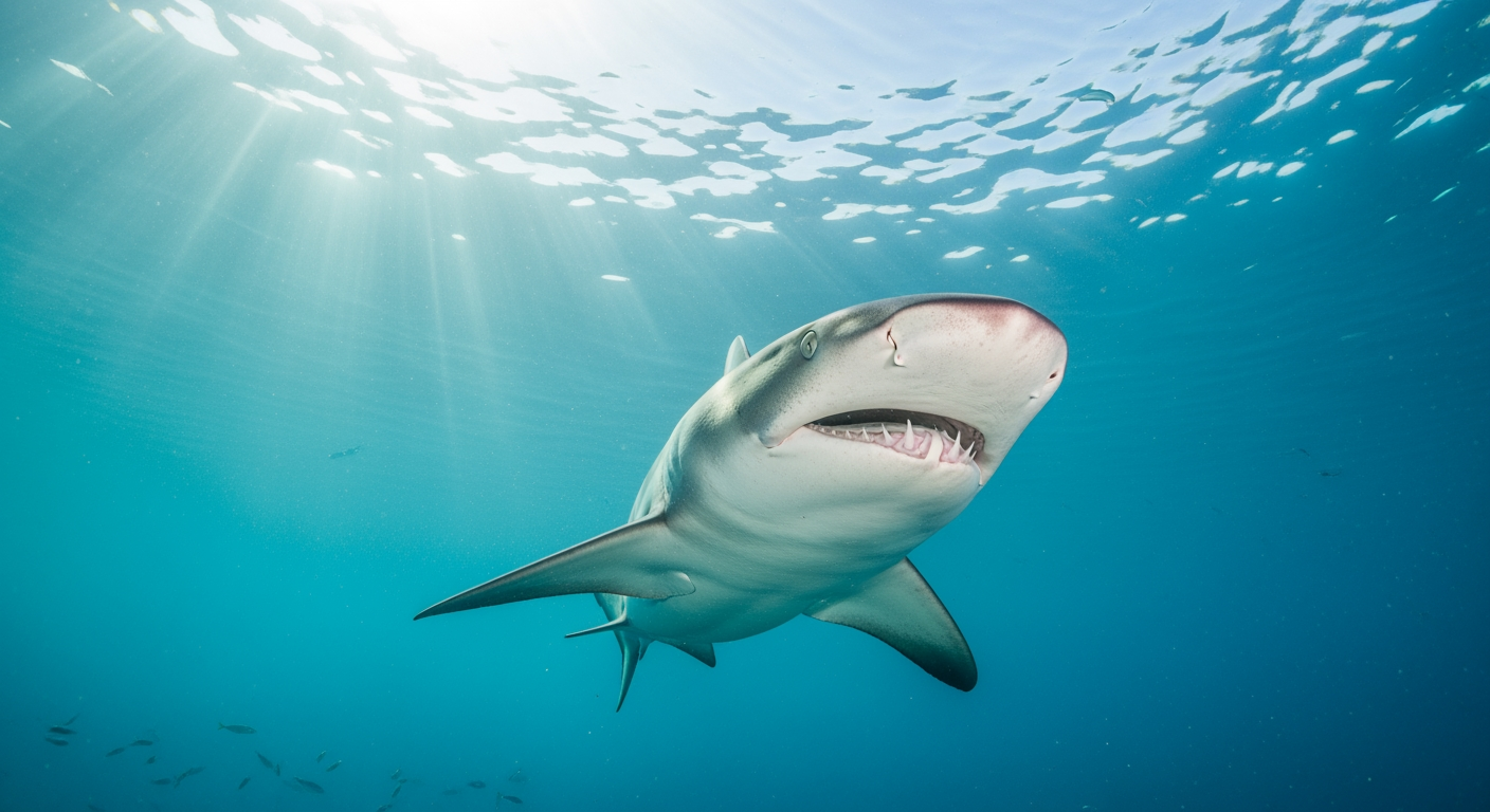 A shark swimming toward the camera through bright blue ocean water