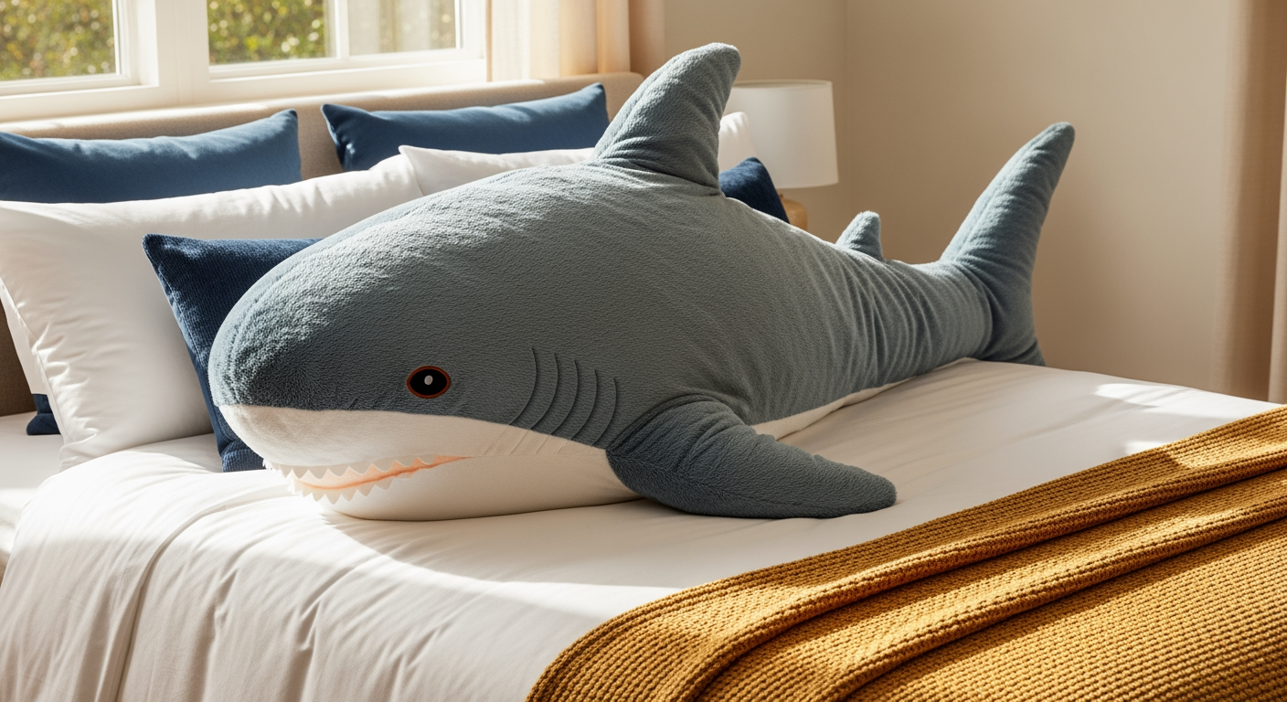 An oversized giant plush shark stuffed toy draped across a bed, dwarfing the pillows