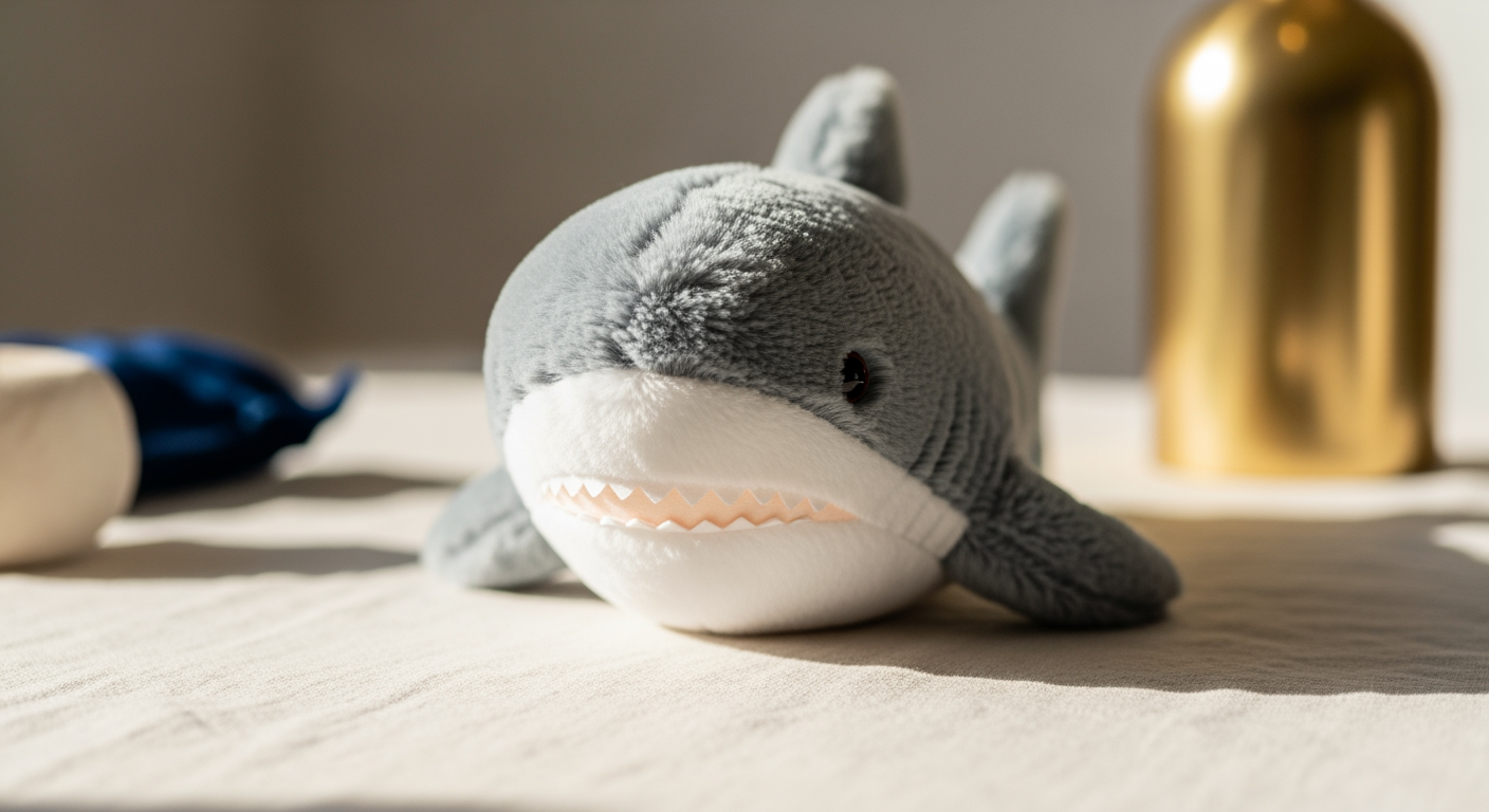 A plush great white shark stuffed toy with a friendly face on a cream linen surface