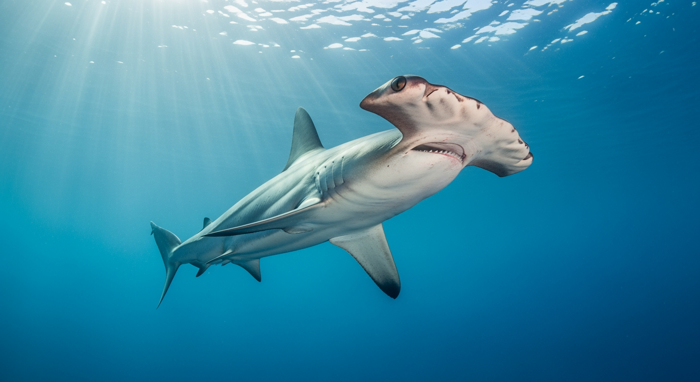 A hammerhead shark with its wide flattened head gliding through blue ocean water