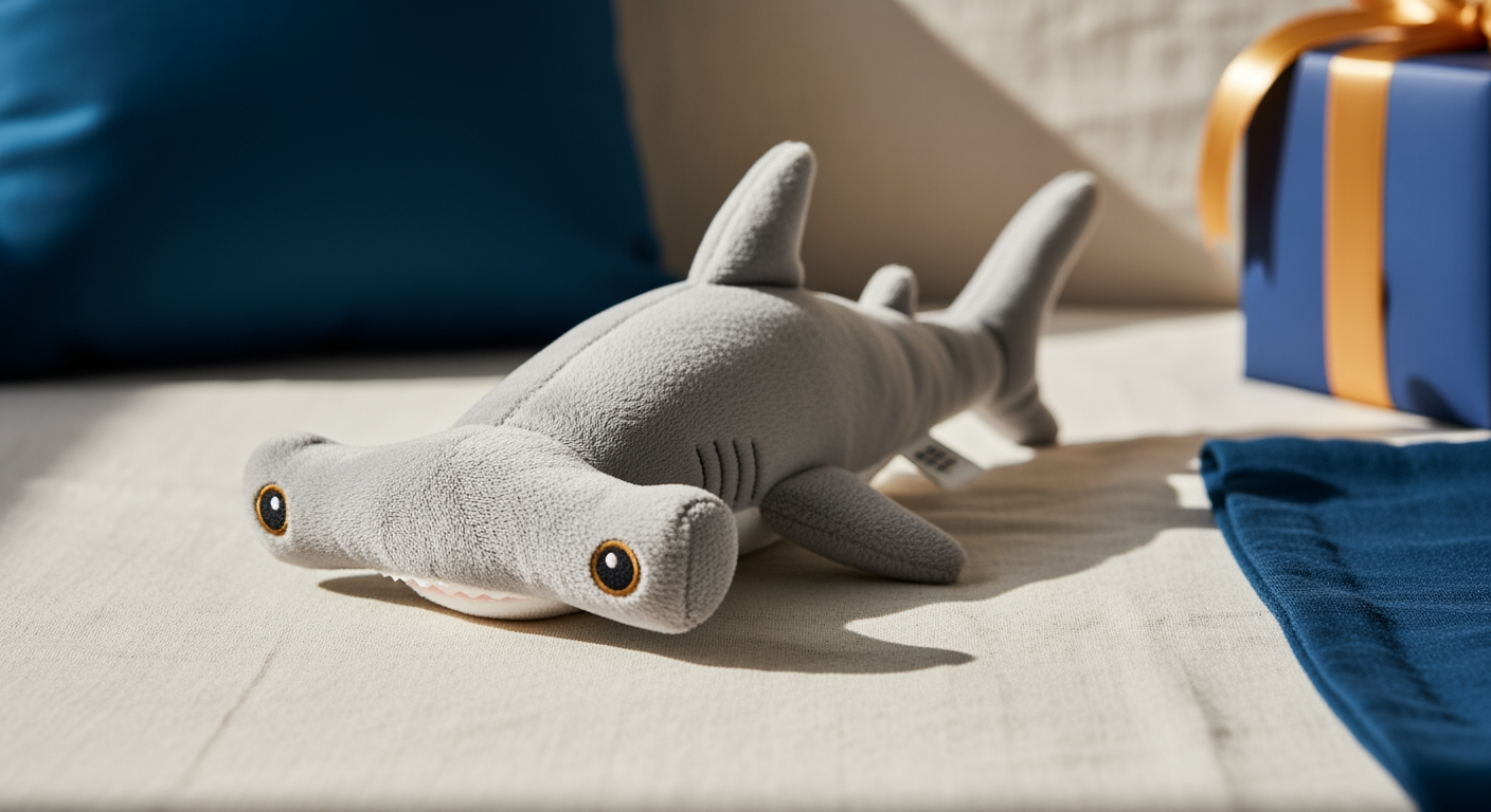 A plush hammerhead shark stuffed toy showing its wide hammer-shaped head