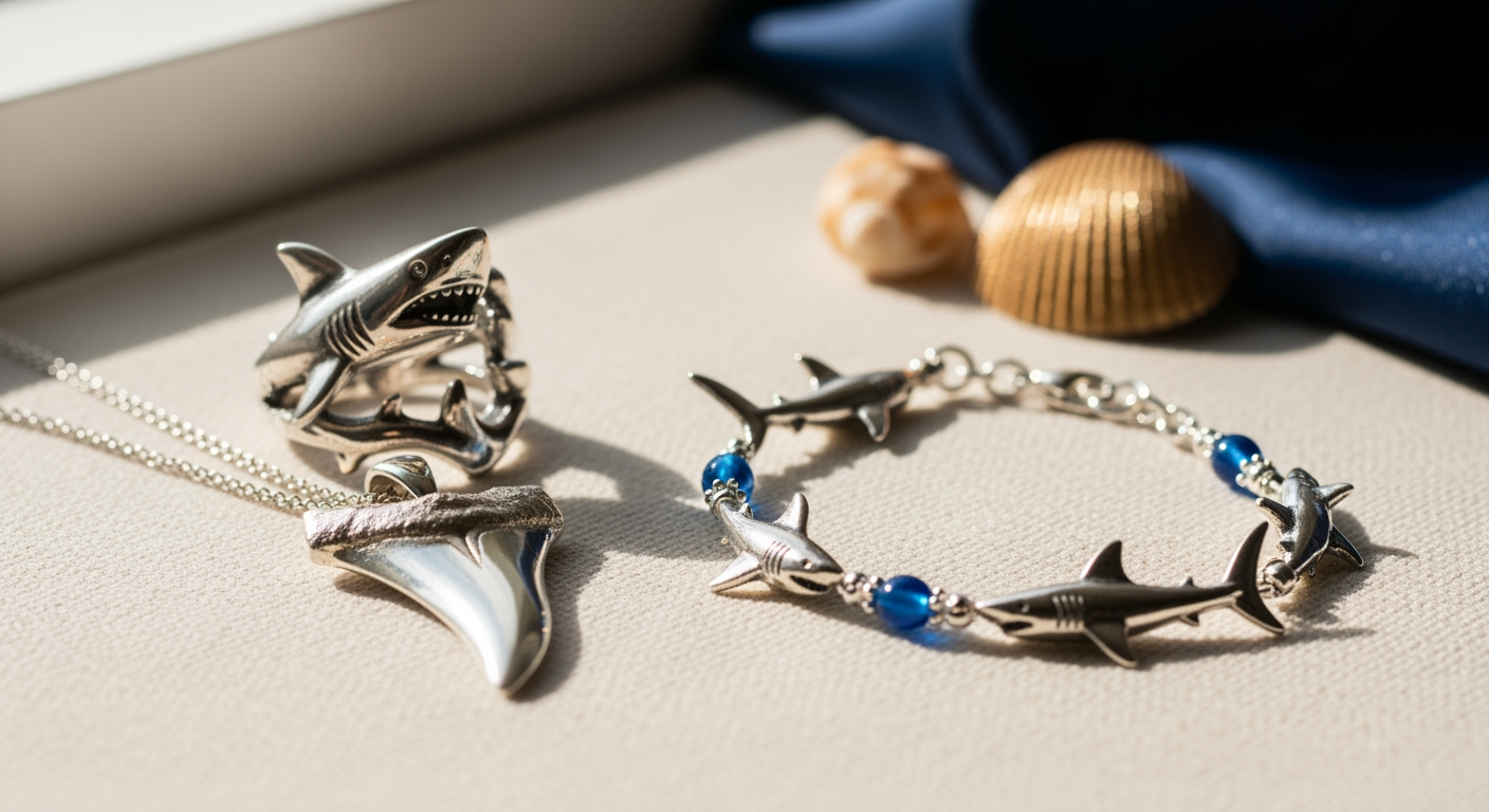 Shark-themed jewelry on cream linen &mdash; a silver shark tooth pendant, a shark ring and a charm bracelet