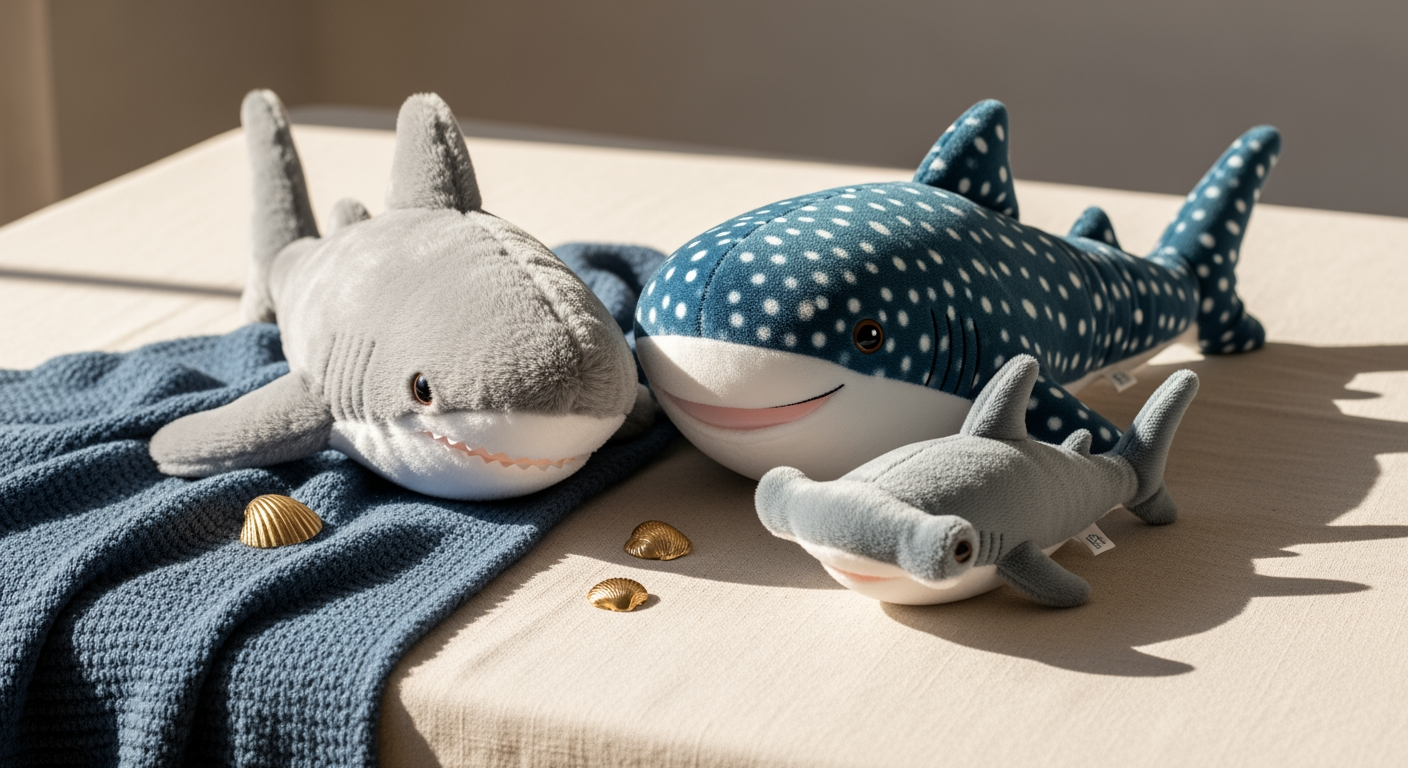 A group of plush shark stuffed toys — a great white, a whale shark and a hammerhead — arranged on cream linen