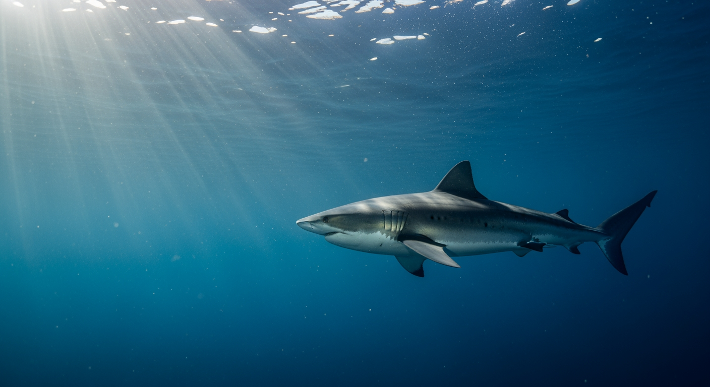 A shark gliding through sunlit deep-blue ocean water