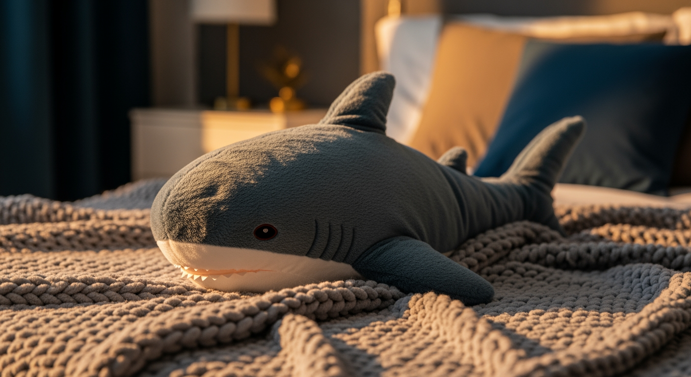 A cozy weighted plush shark stuffed toy resting on a chunky knit blanket