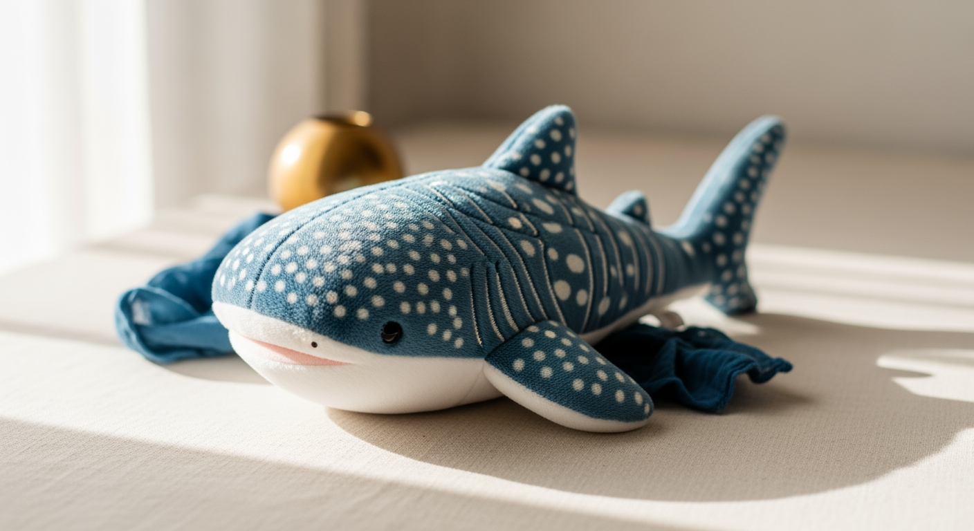 A plush whale shark stuffed toy with the species' pale spots on a cream linen surface