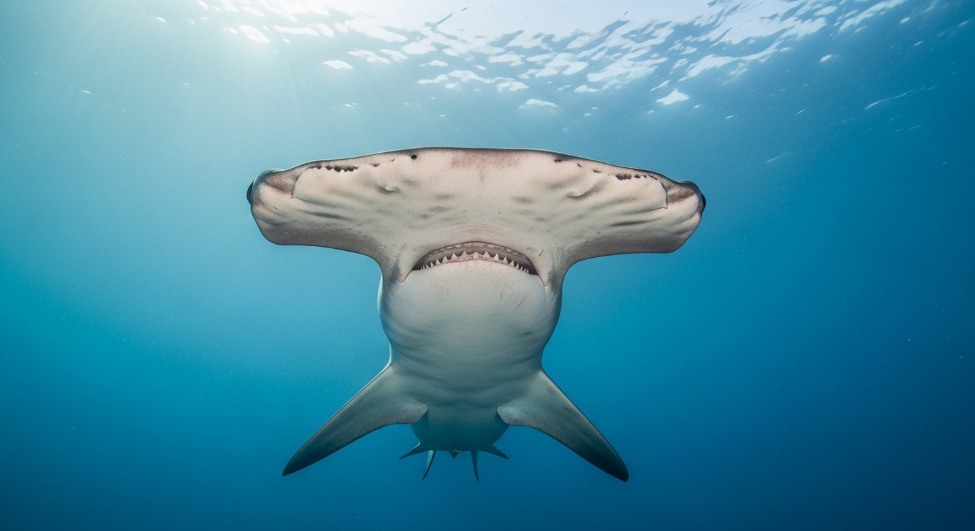 A great hammerhead shark facing the camera in clear blue tropical water, calm documentary mood