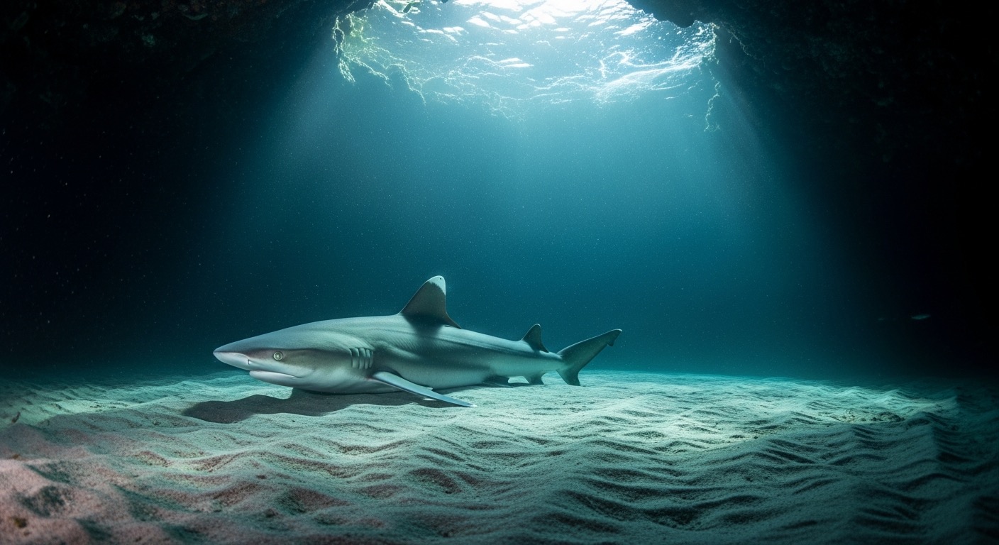 A whitetip reef shark resting motionless on the floor of a dim, blue-lit underwater cave