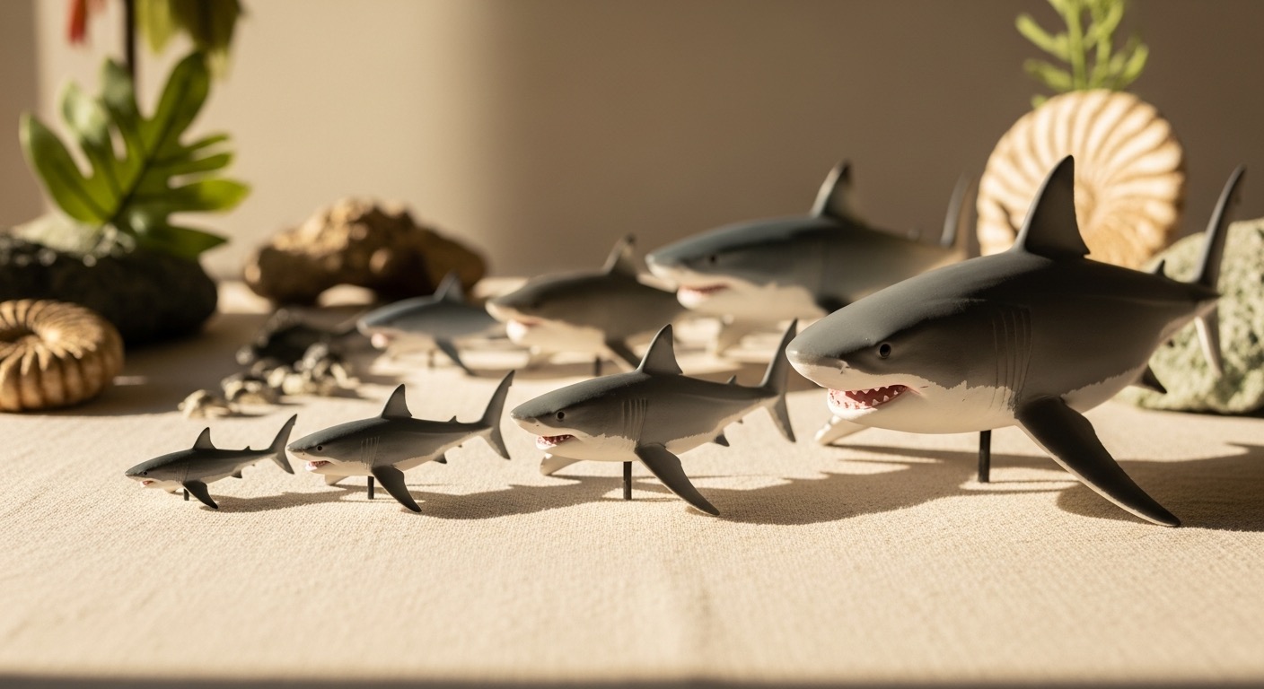 Several realistic great white shark figures of different sizes lined up by scale on a cream surface