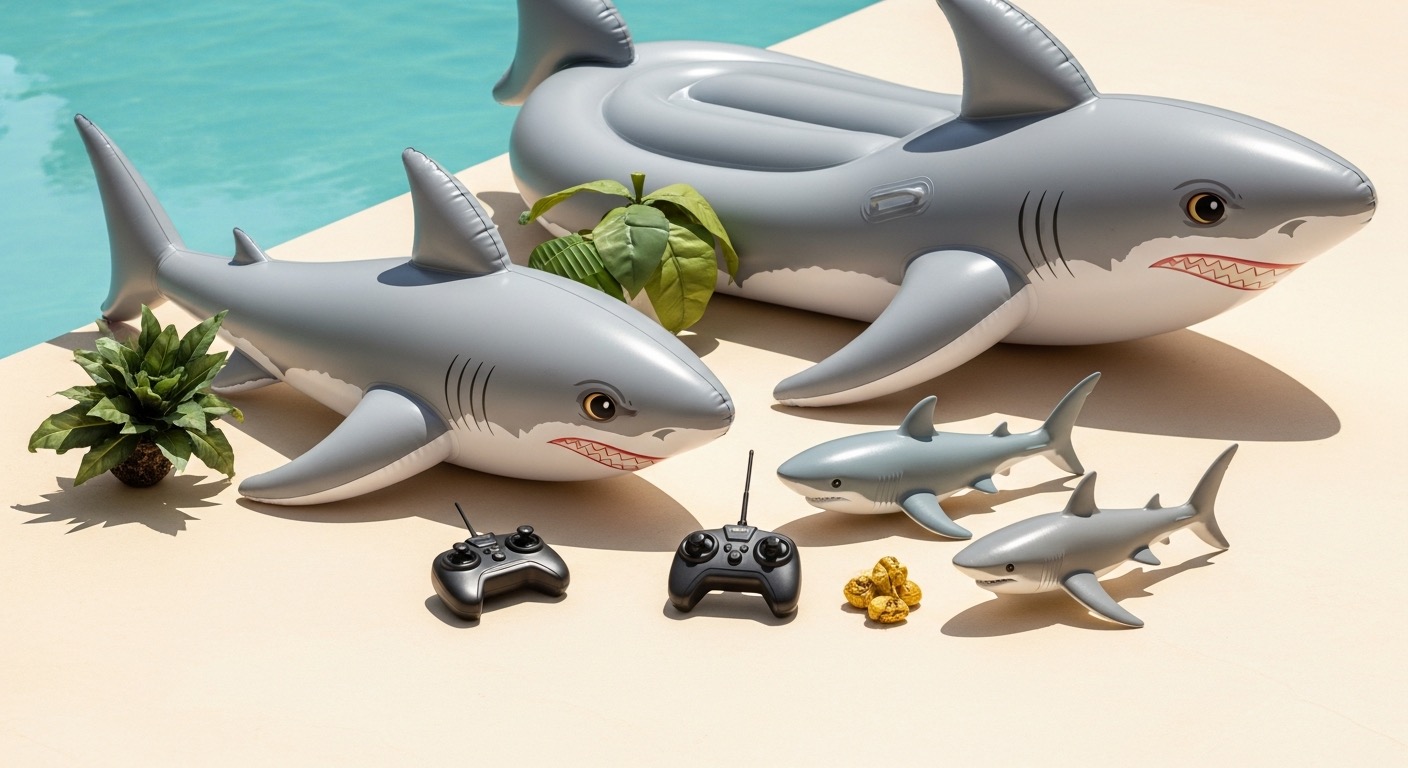 Great white shark water toys — a pool float, a remote-control shark, a robotic bath shark and a ride-on inflatable — by a pool on a cream surface