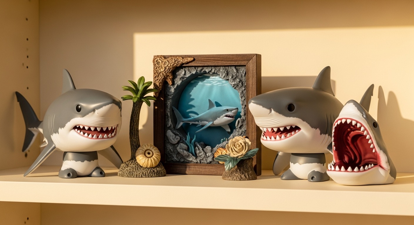 A shelf display of great white shark collectible figures and a mounted shark prop on a cream surface