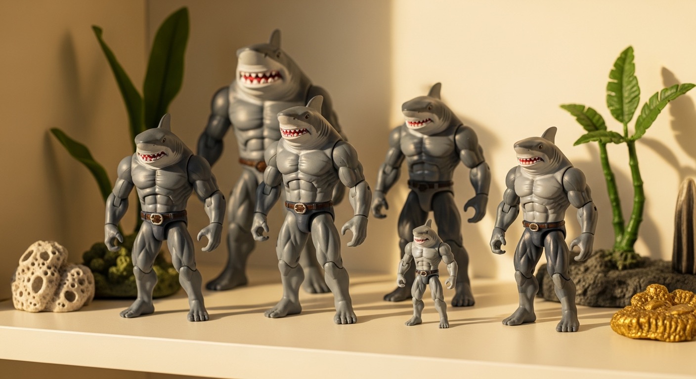 A shelf display of humanoid shark-headed action figures in different styles on a cream surface