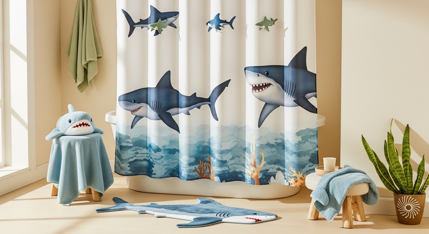 A shark-themed bathroom — an ocean shower curtain, a soft bath mat, a hooded towel and decorative shower hooks — in a bright cream bathroom