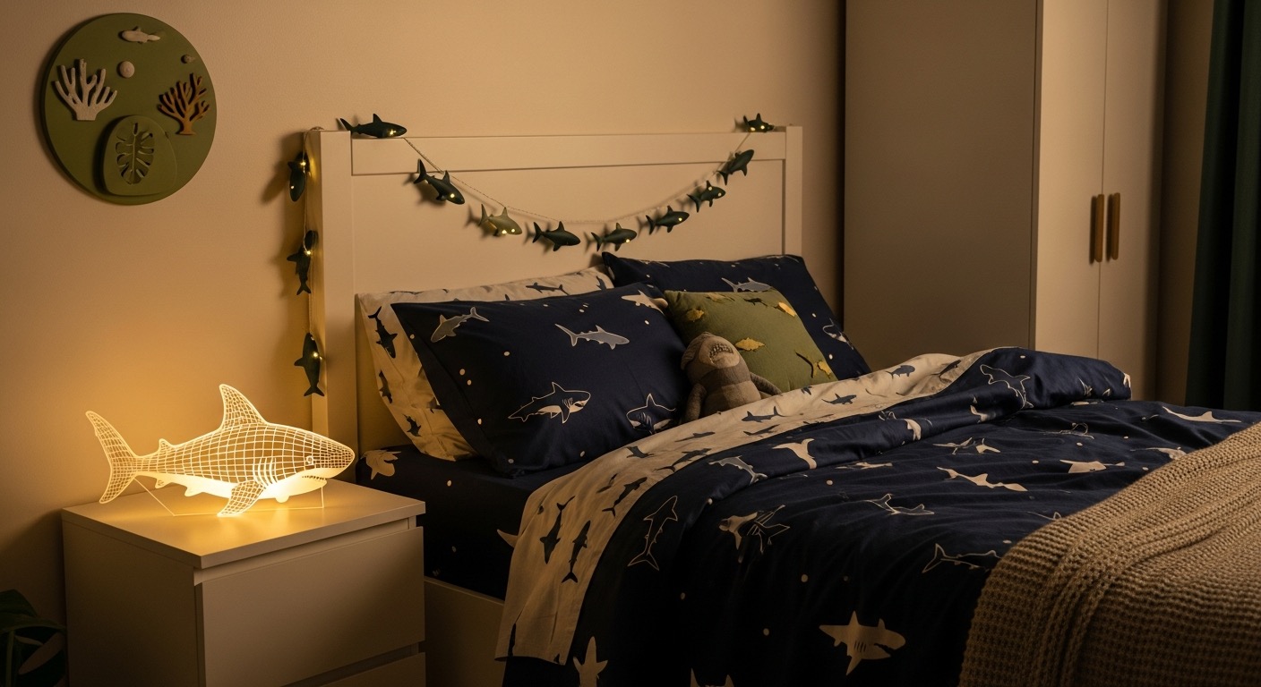 A shark-themed kids' bedroom — a shark comforter set on the bed, a glowing 3D shark night light and shark string lights