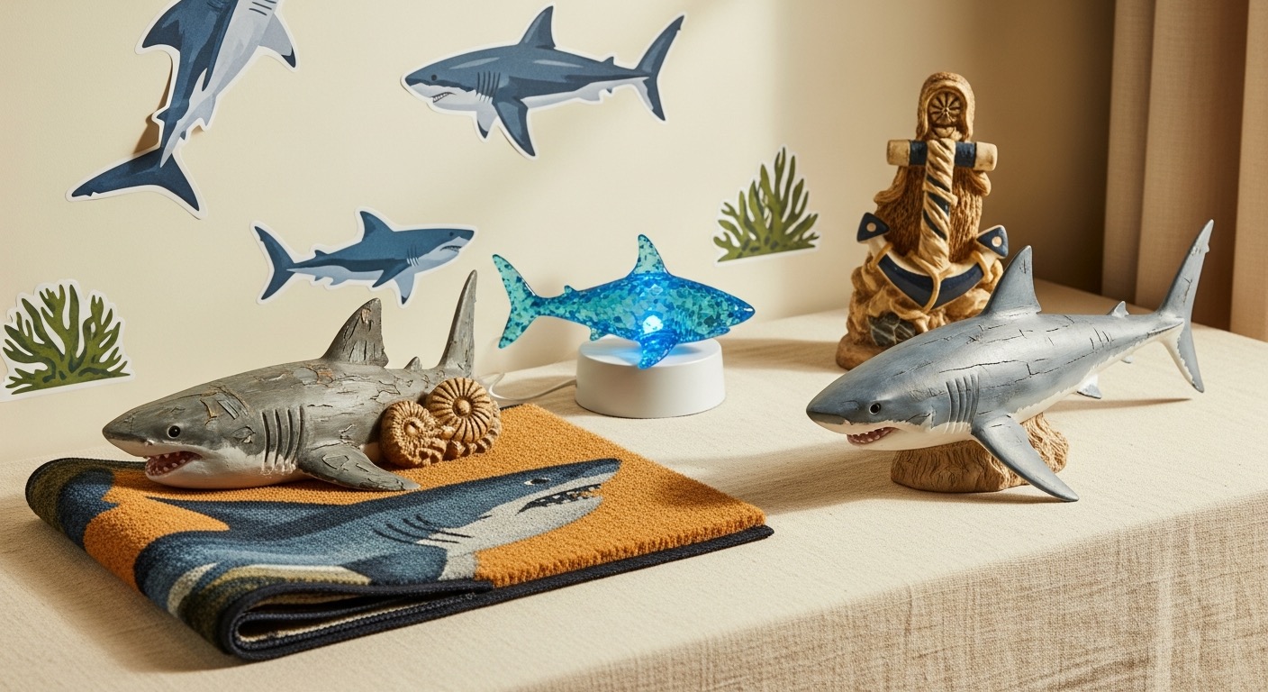 An assortment of shark home decor — wall decals, a light-up crystal shark, a figurine, a nautical statue and a doormat — styled on a cream surface
