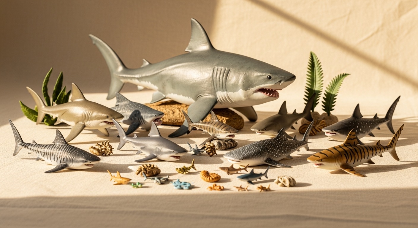 A collection of realistic shark figurines — an assorted multi-species set, a large megalodon figure and mini collectibles — on a cream surface