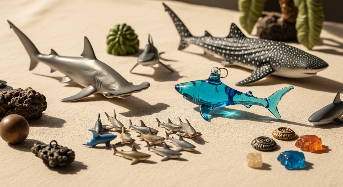 Shark figurines of different species and materials — a hammerhead, a whale shark, a glass shark and mini resin figures — on a cream surface