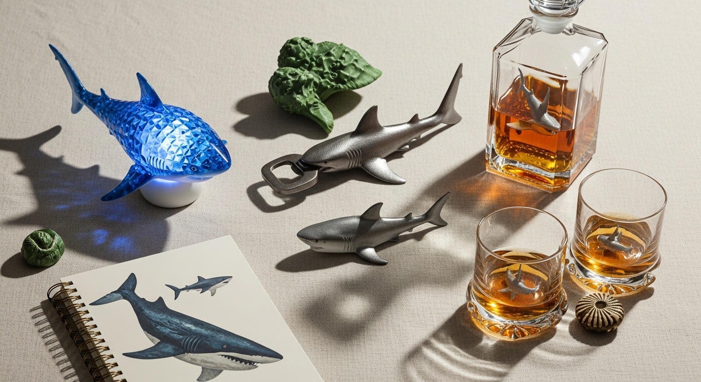 Grown-up shark gifts — a color-changing shark night light, a metal bottle opener, a whiskey decanter and a notebook — on a warm cream surface