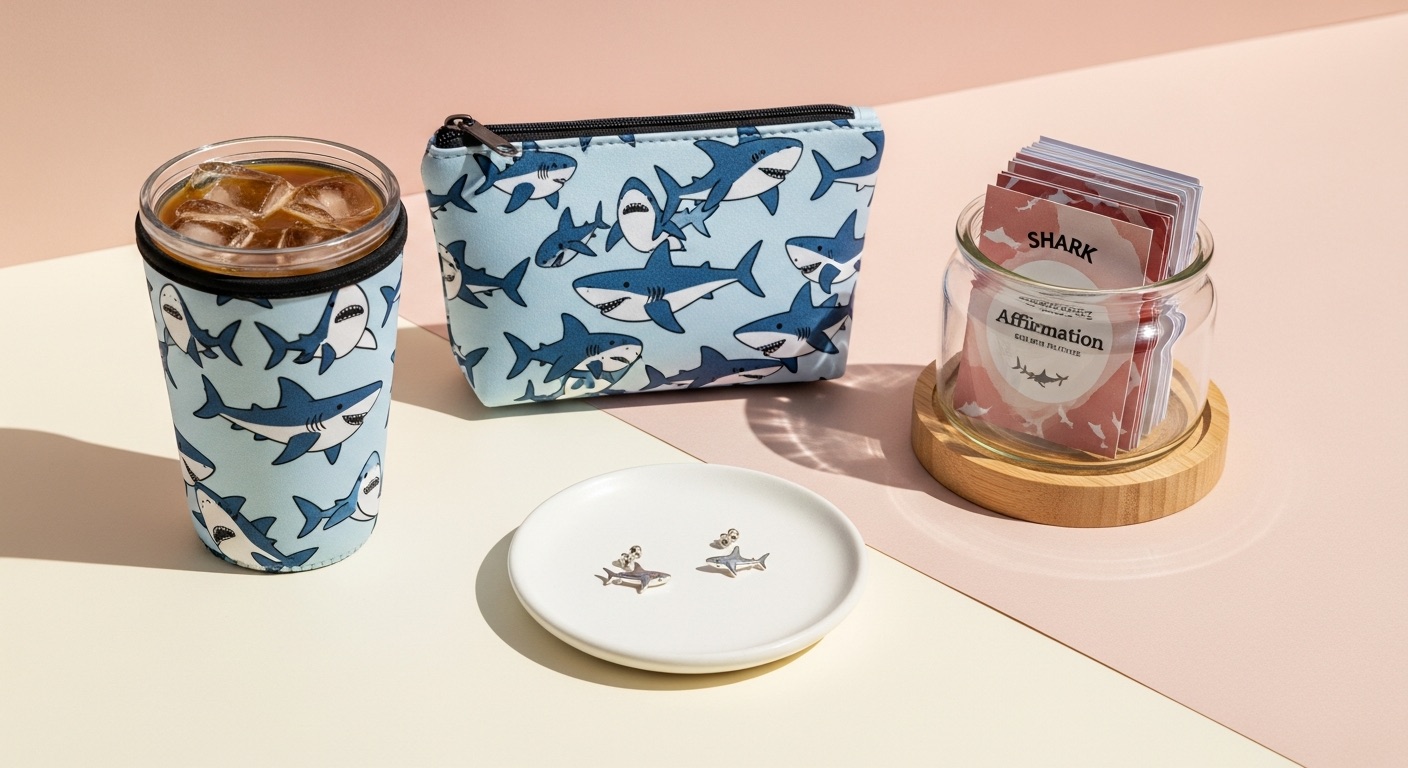 Feminine shark gifts for her — an insulated cup sleeve, a shark makeup bag, an affirmation jar and sterling silver shark earrings — on a soft cream surface