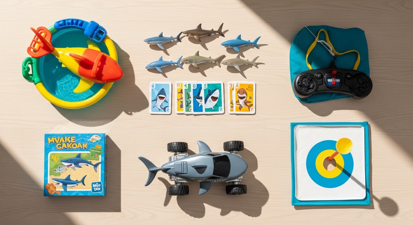 Fun shark gifts for kids — a pool shark toy, plastic shark figurines, a card game, a remote-control shark car and a bean-bag toss game — on a bright playful surface