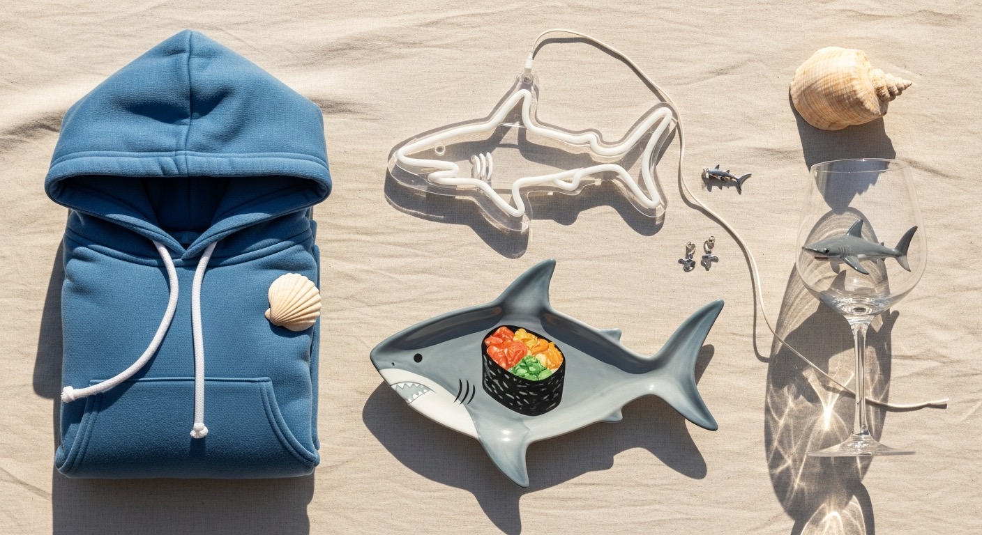 An assortment of shark gifts — a plush blanket, LED sign, sushi plate and jewelry — on a cream surface