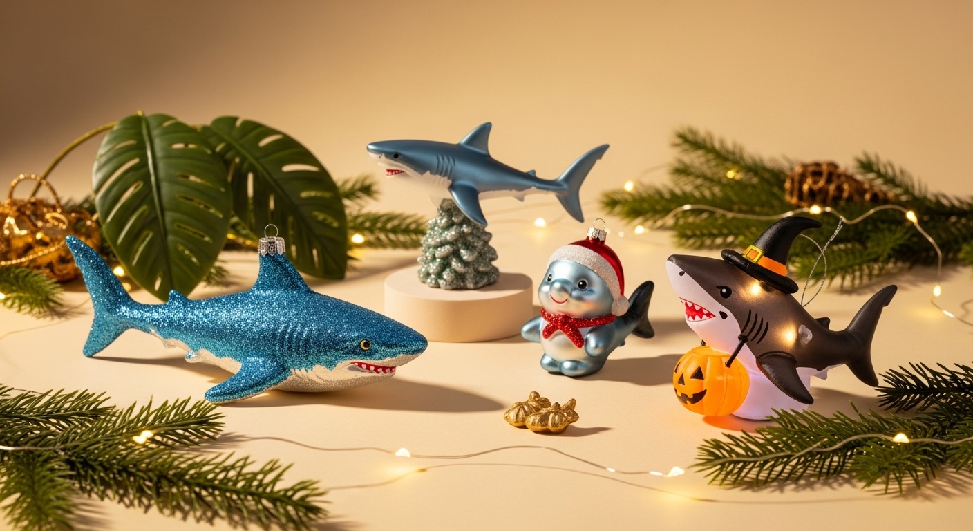 Shark holiday decorations — a glass Christmas shark ornament, a tree topper and a light-up Halloween shark inflatable — styled on a cream surface