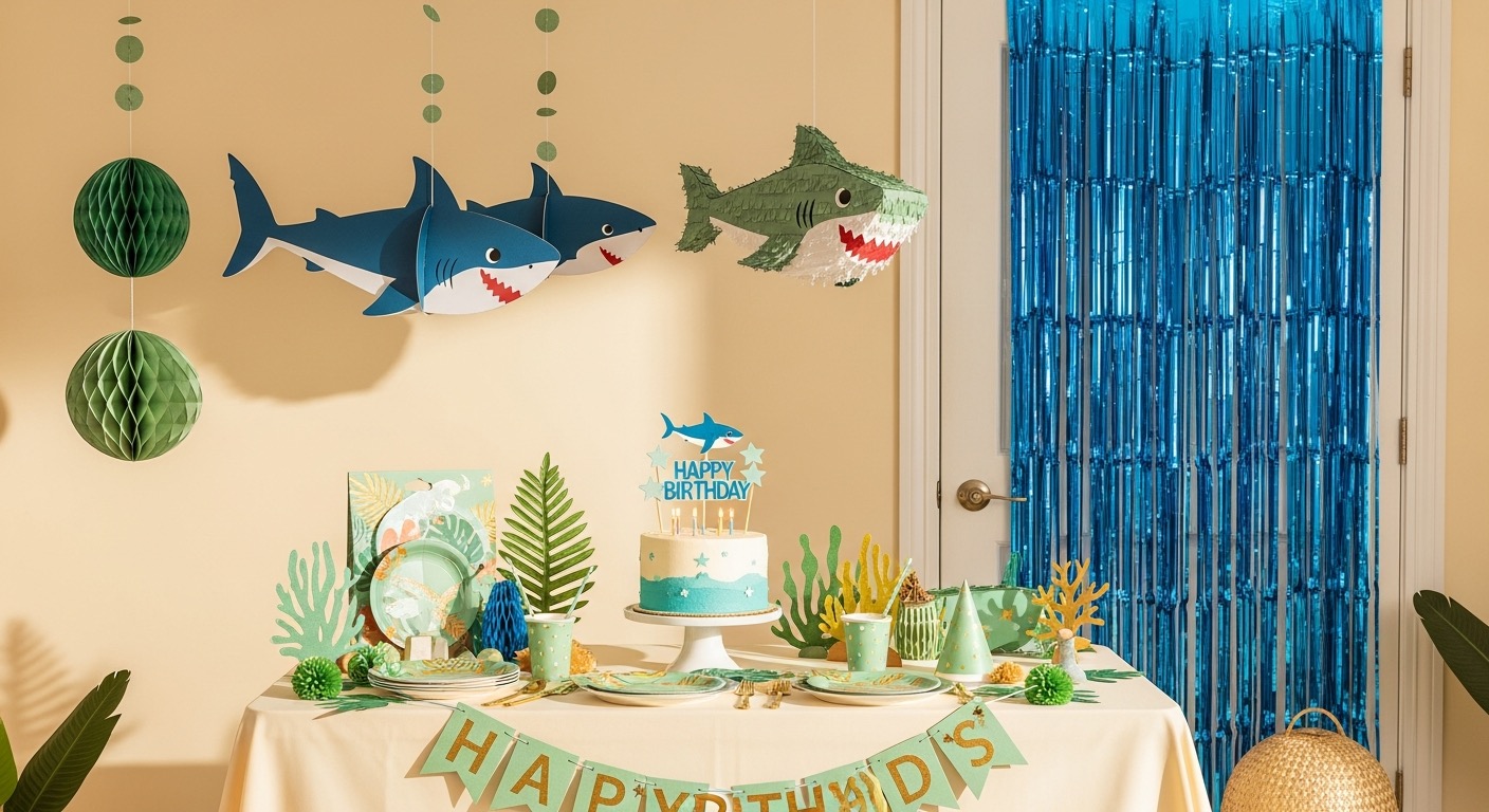 A shark-themed birthday party setup — a supplies kit, hanging garland, piñata, cake topper and foil backdrop — on a cream surface