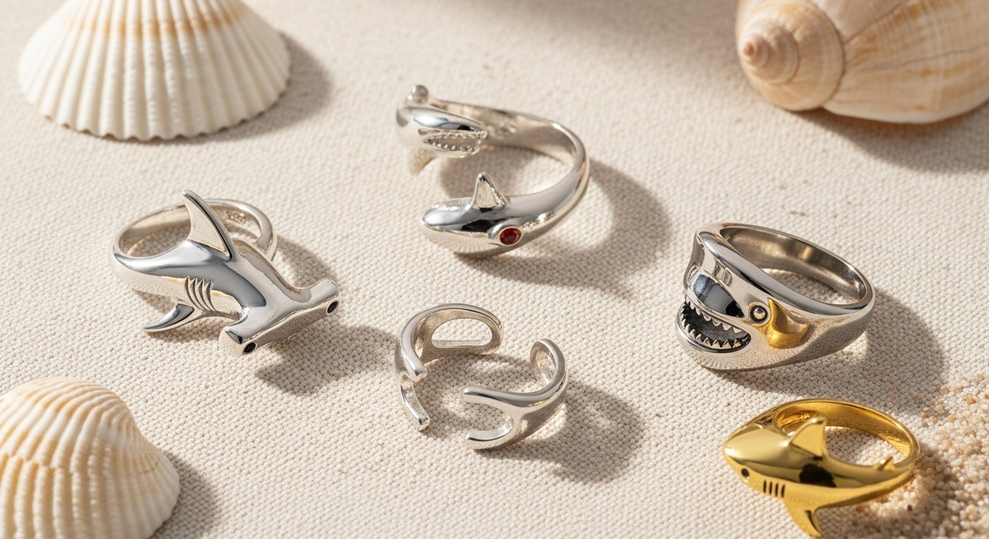 A few shark rings — sterling silver and gold-tone — on a cream linen surface