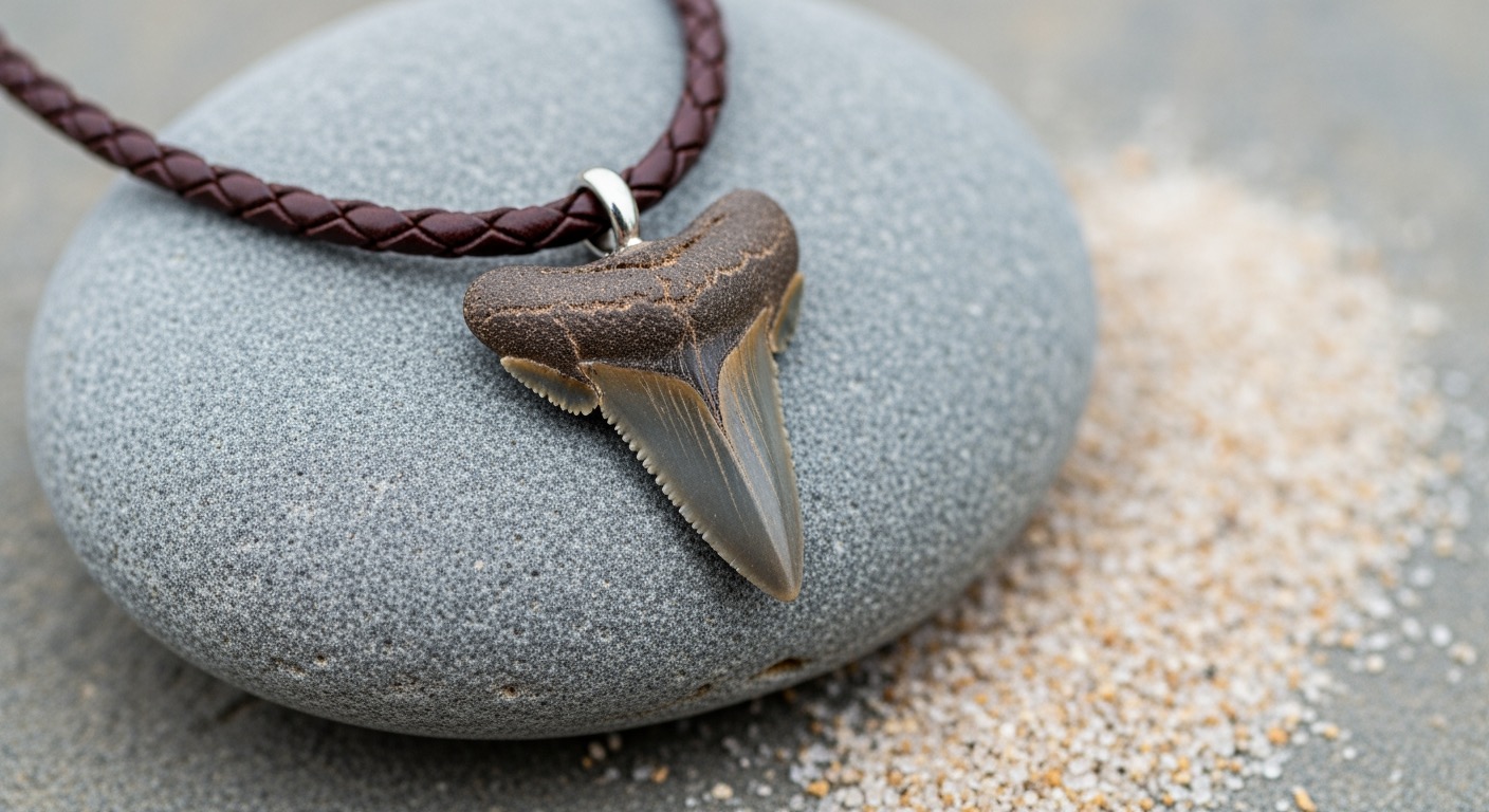 A shark tooth pendant necklace on a cord, on a cream surface