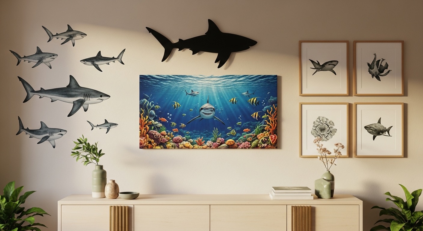 A styled wall of shark decor — watercolor decals, a black metal shark silhouette, a 3D wall scene and framed shark prints — above a cream console