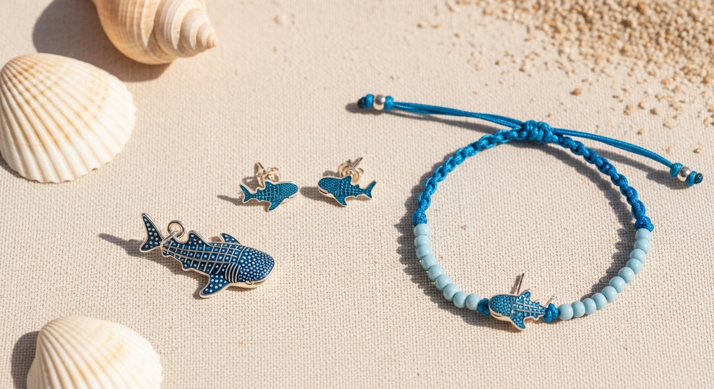 Whale shark jewelry pieces — a silver charm, stud earrings and a beaded bracelet on a cream linen surface