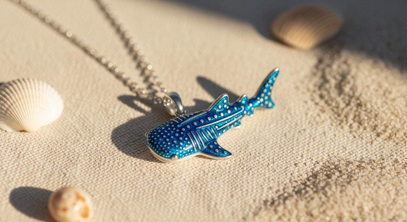 A whale shark pendant necklace on a cream linen surface