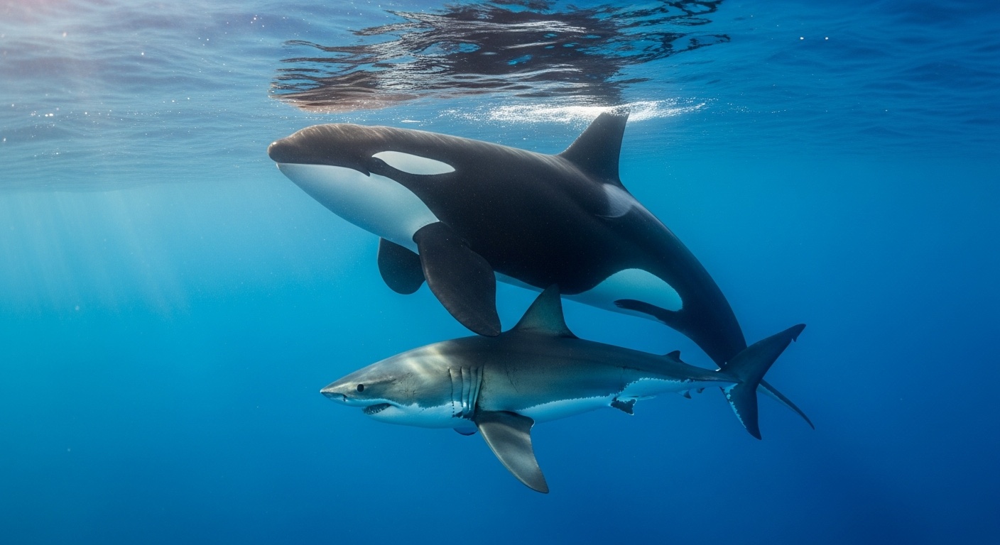 A killer whale (orca) in a dominant position above a great white shark in clear blue open ocean