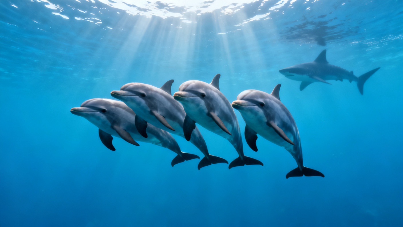 A tight pod of bottlenose dolphins swimming in formation in clear blue water, a shark silhouette faint in the background