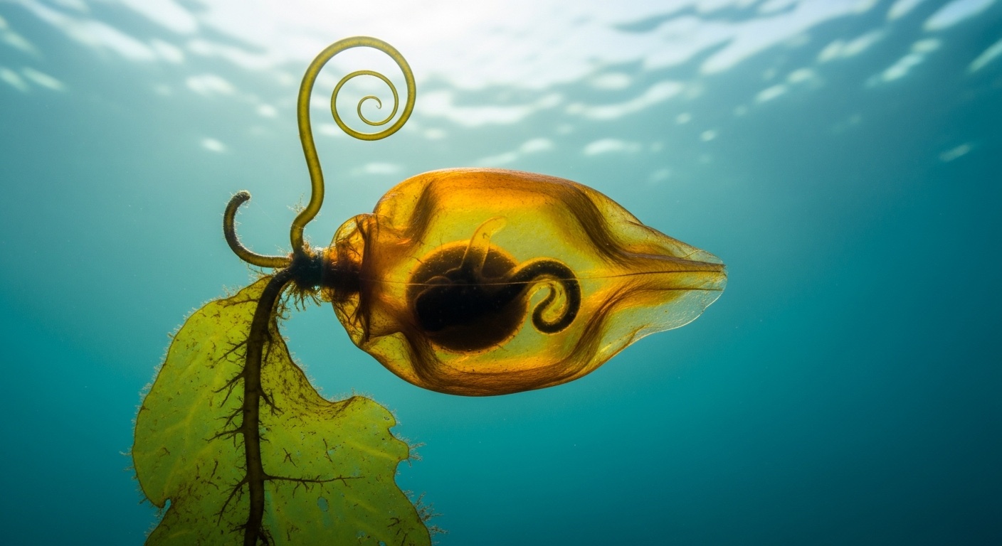A translucent shark egg case (mermaid’s purse) on seaweed in clear water, the embryo visible in silhouette inside