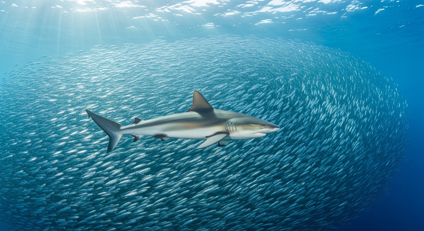 A grey reef shark hunting through a school of silver fish in clear blue water