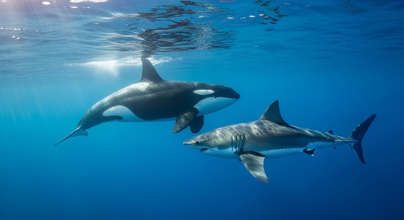 A killer whale (orca) approaching a great white shark in clear blue open ocean, underwater documentary view